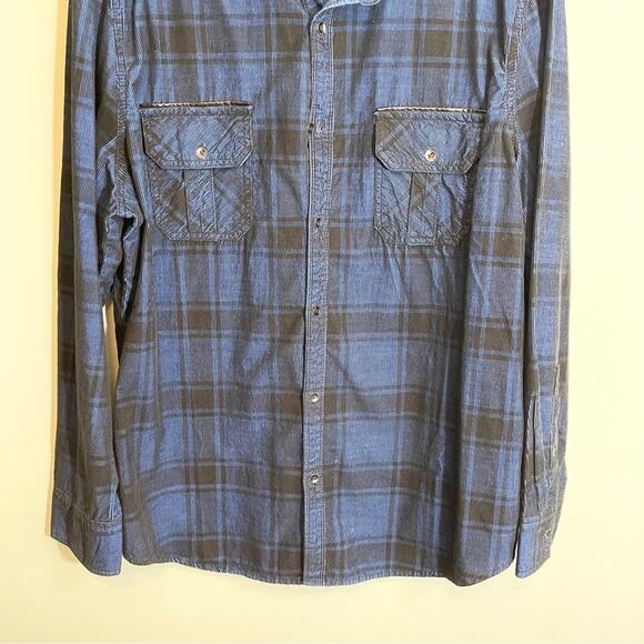 INC Men's Blue Plaid Button Down with Leather Accents Size XXL - Picture 3 of 14